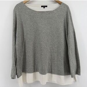 Lafayette 148 New York Grey Cotton Layered Mixed Media Top XL Womens 3/4 Sleeve